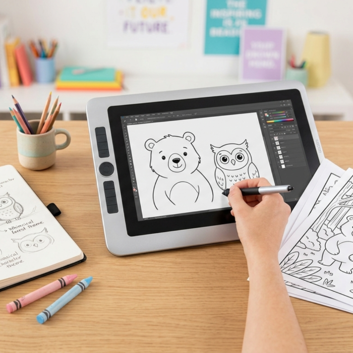 A professional designer’s workspace showing the process of coloring book design, from initial character sketches in a notebook to digital line art on a tablet.