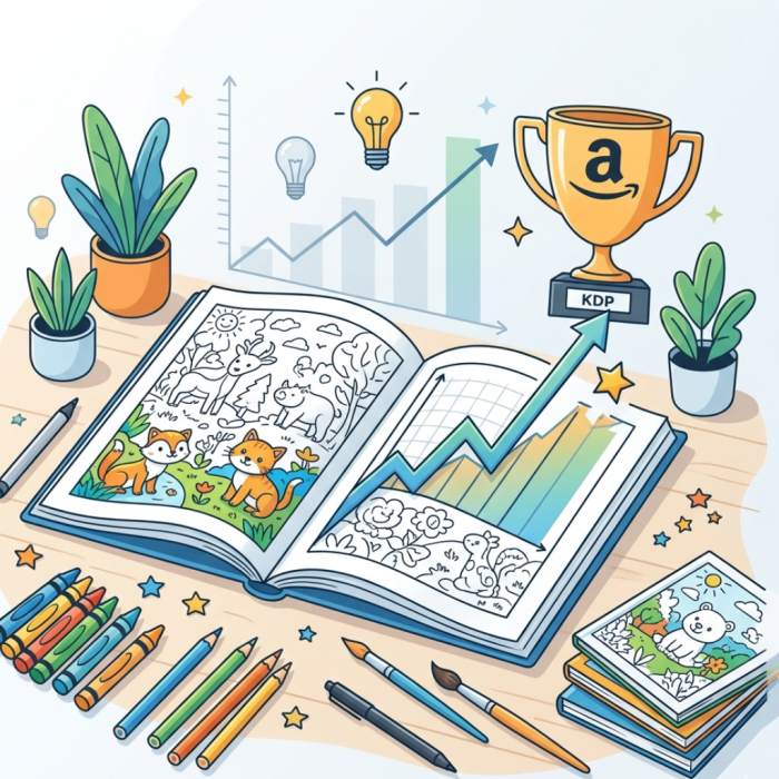 A colorful flat illustration of an open coloring book with a growth arrow and trophies, symbolizing successful Coloring Book Design for Amazon KDP success.