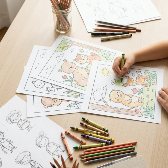 A minimalist desk setup showcasing professional coloring book design with children’s book illustration sketches and wooden colored pencils.