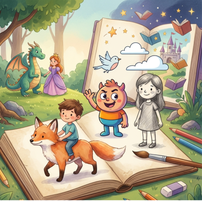 A whimsical open sketchbook scene displaying diverse children's book illustration styles including watercolor, cartoon, hand-drawn sketch, and simple minimal digital art, set in a magical storybook forest with characters and art tools.