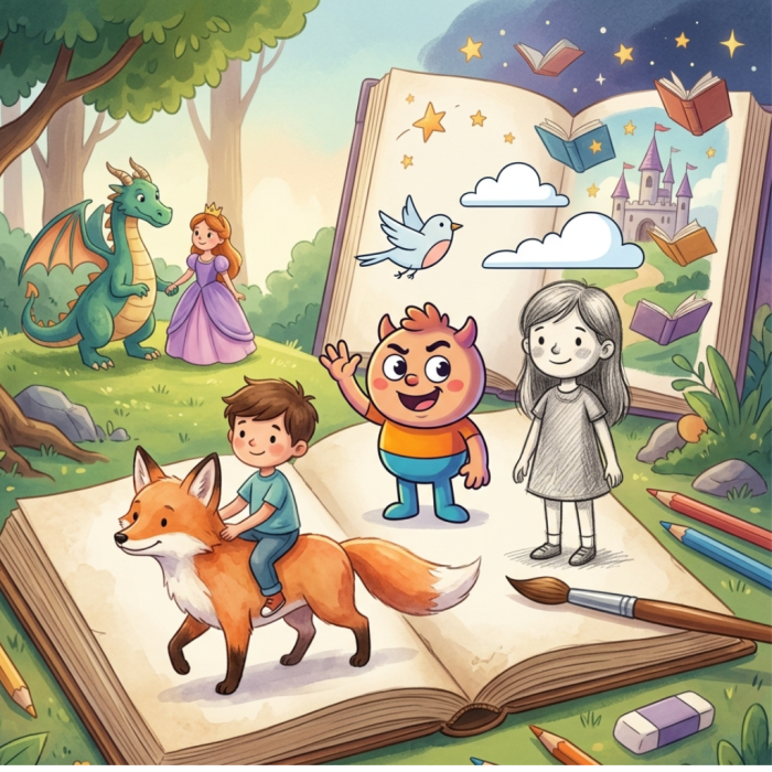 A whimsical open sketchbook scene displaying diverse children's book illustration styles including watercolor, cartoon, hand-drawn sketch, and simple minimal digital art, set in a magical storybook forest with characters and art tools.